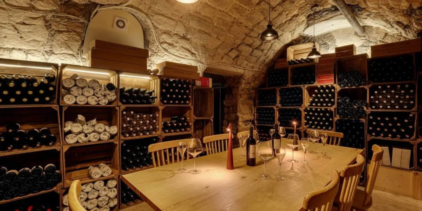 La cave voûtée en pierre avec sa grande table
